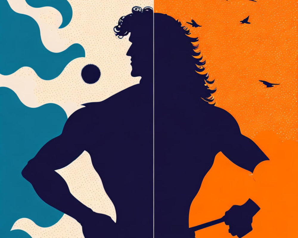 Split-image of muscular figure silhouettes on blue and orange backgrounds