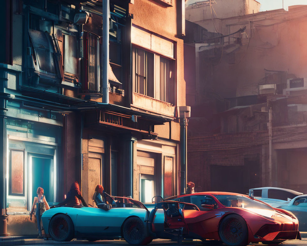 City street scene at sunset with individuals, sports car, and glowing shop windows