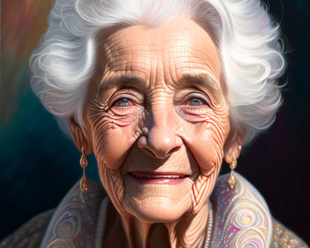 Elderly woman portrait with white hair and warm smile in sparkly blouse