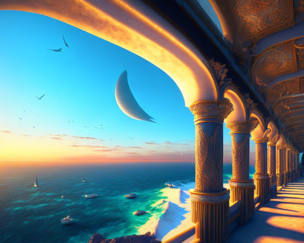 Arabian-style palace balcony with seascape, crescent moon, birds, boats, sunset