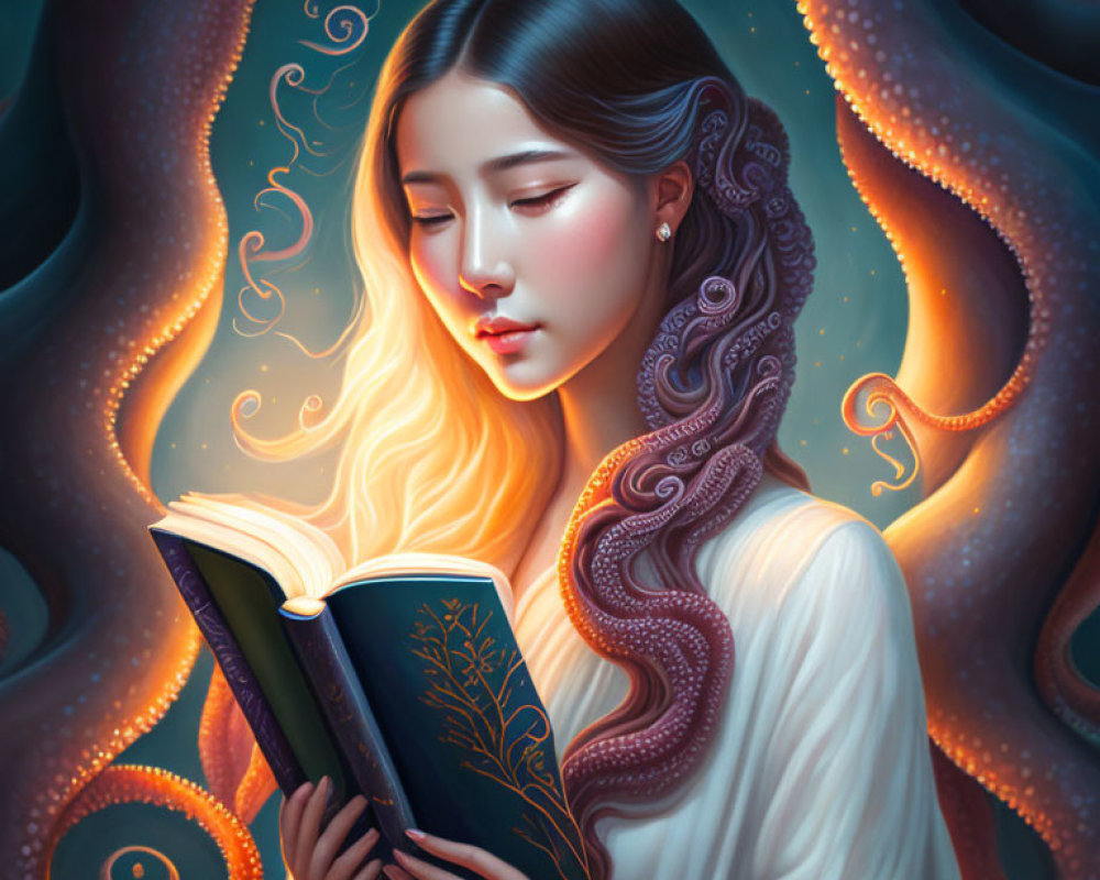 Long-haired woman reading book surrounded by luminous tentacles and glowing patterns