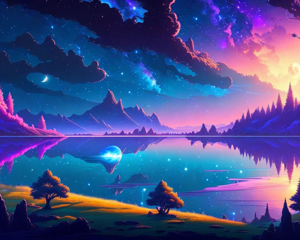 Serene landscape with reflective lake, purple skies, mountain, and lush trees