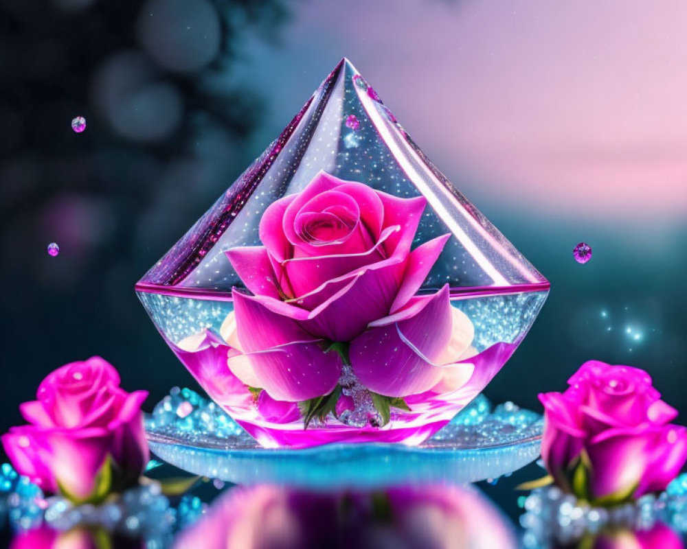 Pink Rose in Crystal Terrarium with Soft Light and Sparkles