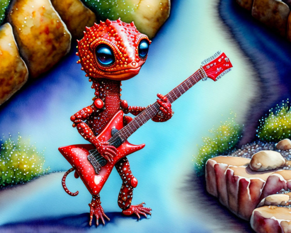 Colorful Illustration of Red Reptilian Creature Playing Electric Guitar