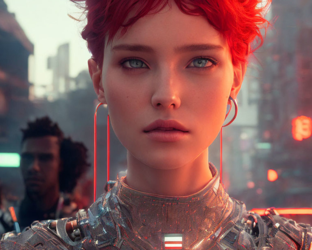 Close-up of woman with red hair and blue eyes in futuristic attire with urban backdrop.