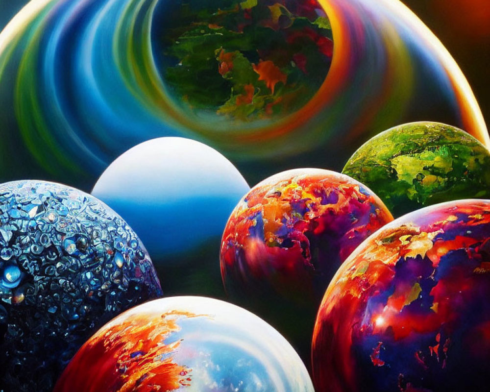 Colorful spherical artwork with varied textures and patterns on a dark background