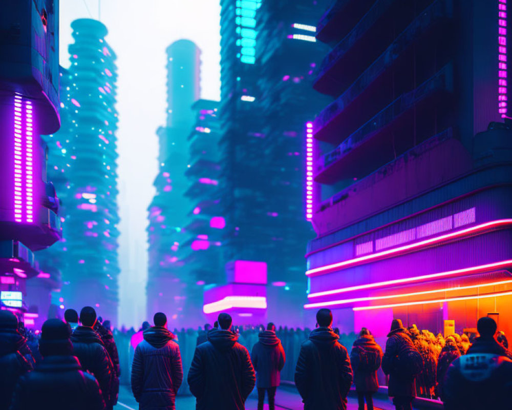 Urban night scene with neon lights and futuristic cityscape.