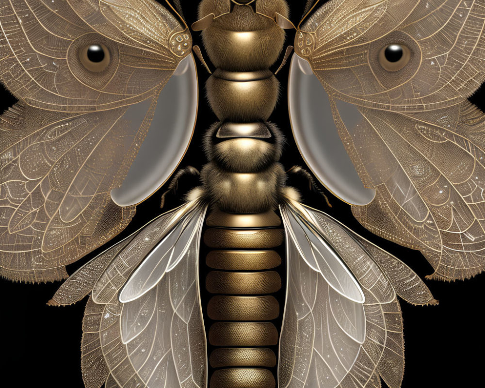 Detailed digital illustration: Golden patterned moth on black background