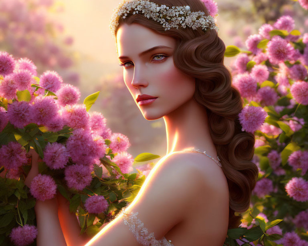 Digital portrait of woman with wavy hair in floral headpiece, surrounded by pink blossoms in sun