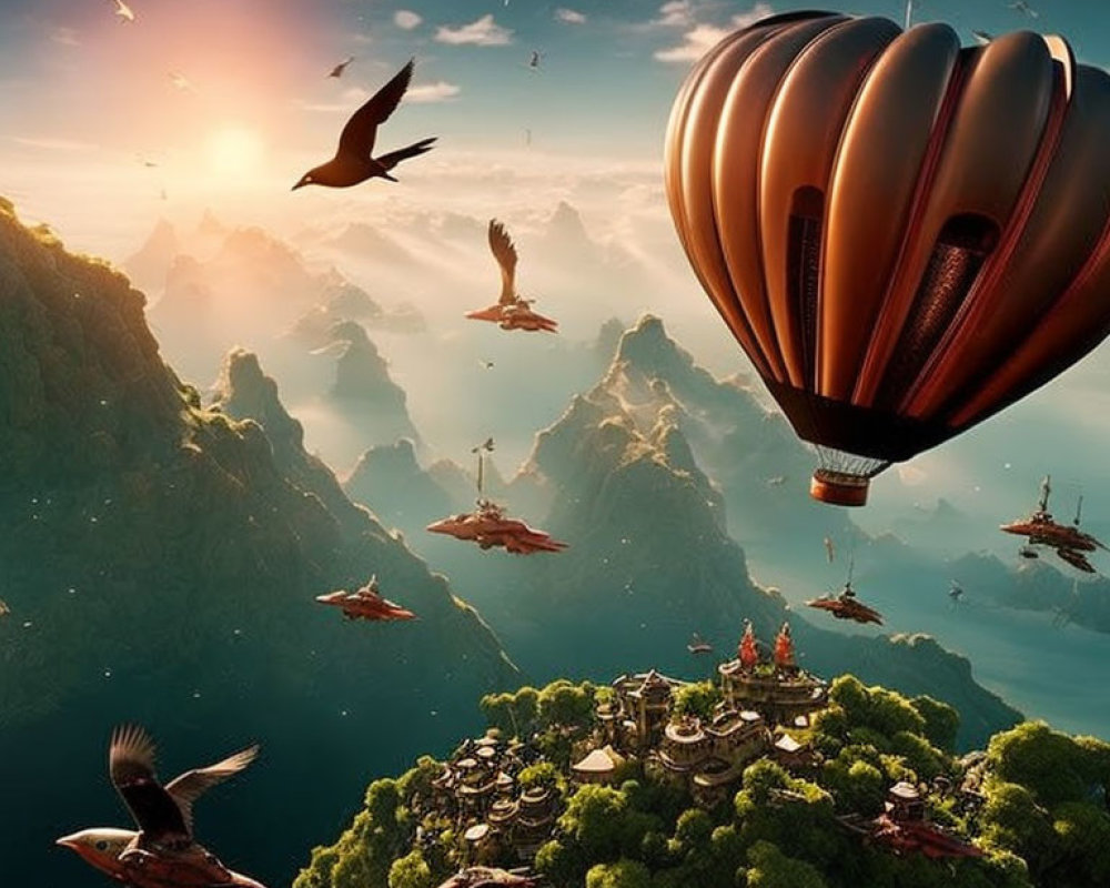 Fantastical landscape with green islands, birds, flying craft, and hot air balloon