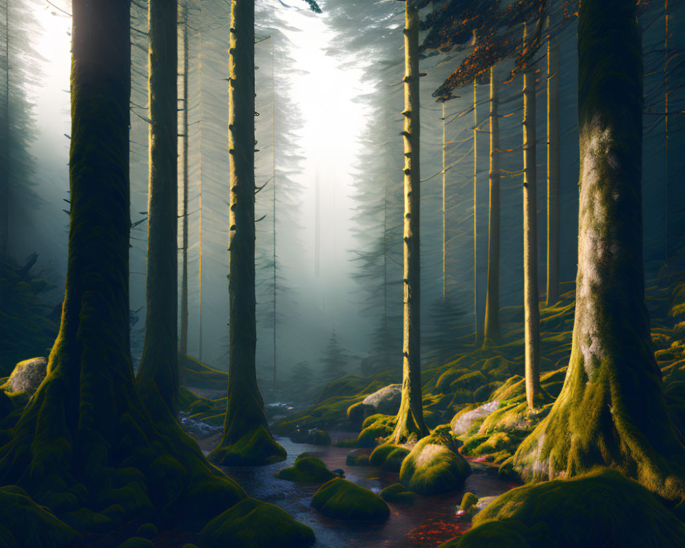 Misty forest with sunlight piercing through tall trees