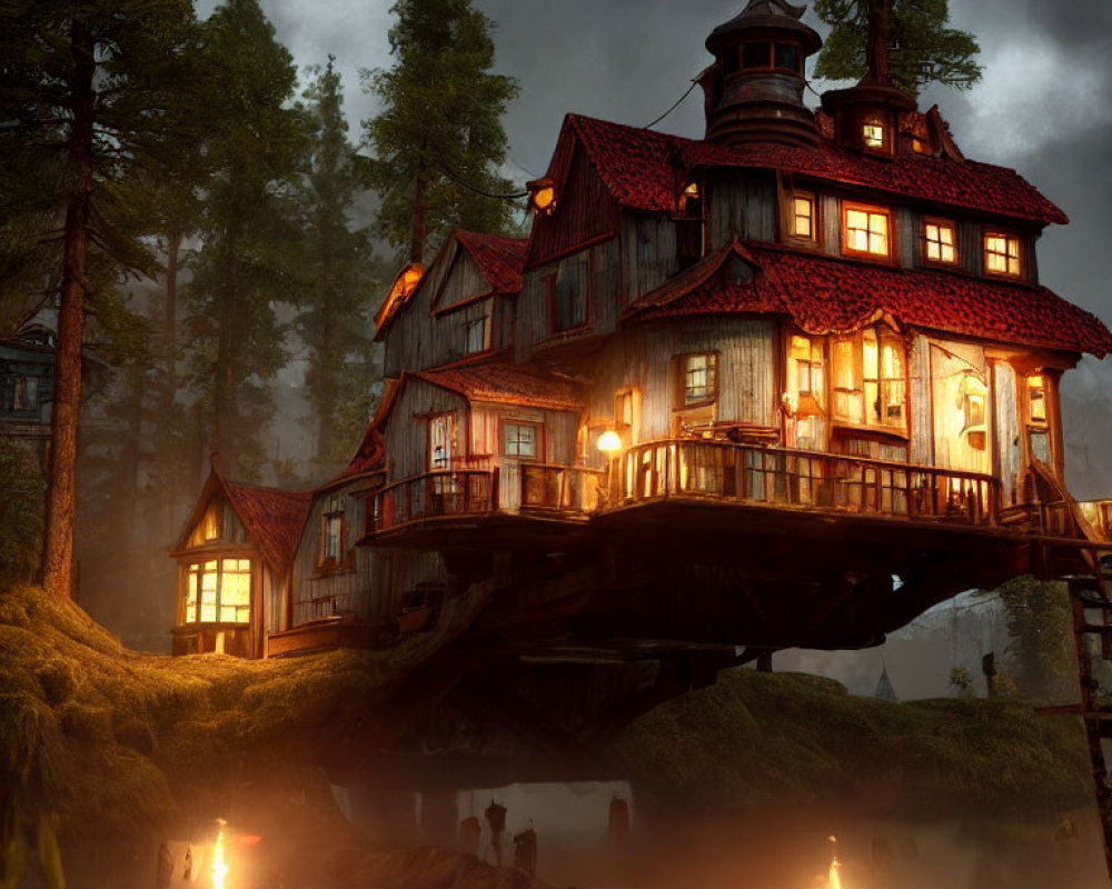 Whimsical multi-story house on stilts in mystical forest at dusk