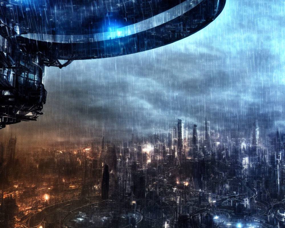 Futuristic night cityscape with rain, skyscrapers, and hovering spaceship