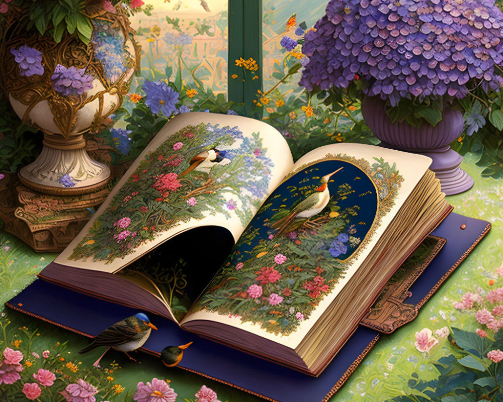 Illustrated birds in open book blend with real birds in vibrant garden