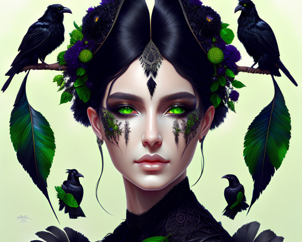 Stylized portrait of woman with dark hair, feathers, leaves, purple flowers, and ravens