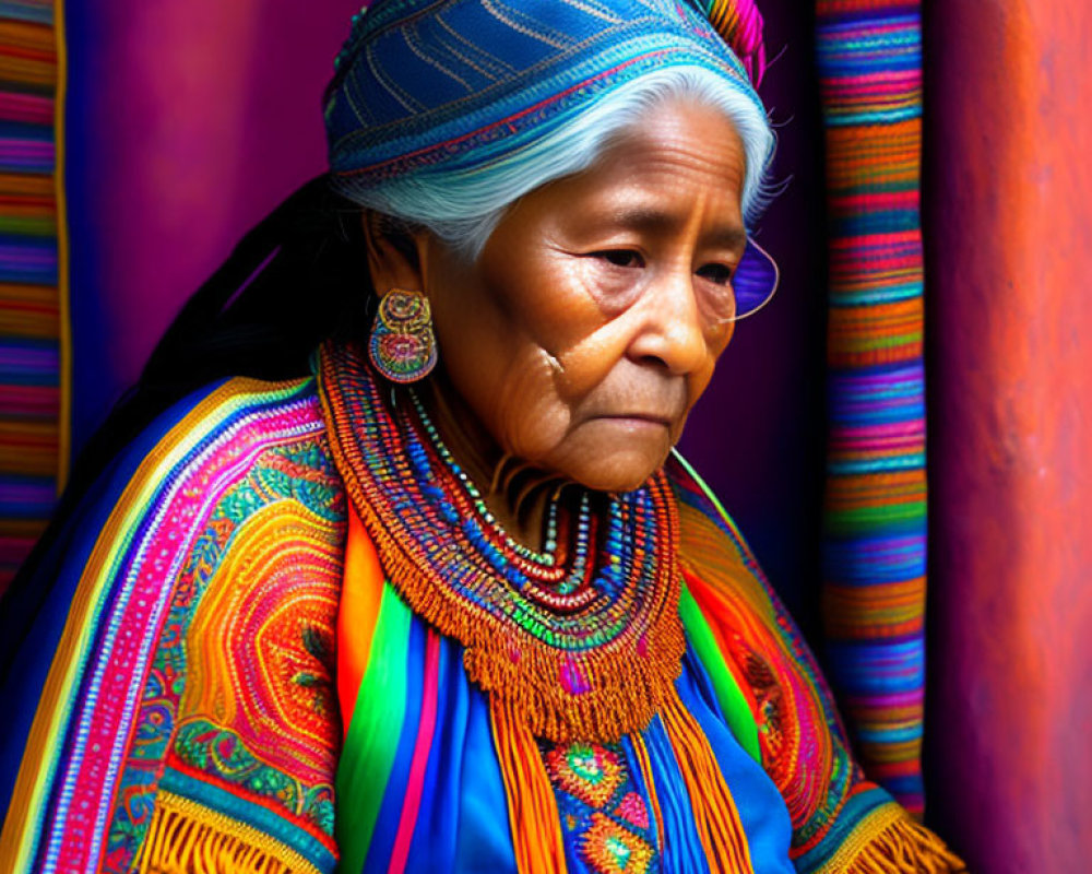 Elderly woman in colorful traditional clothing with headwrap gazes thoughtfully.