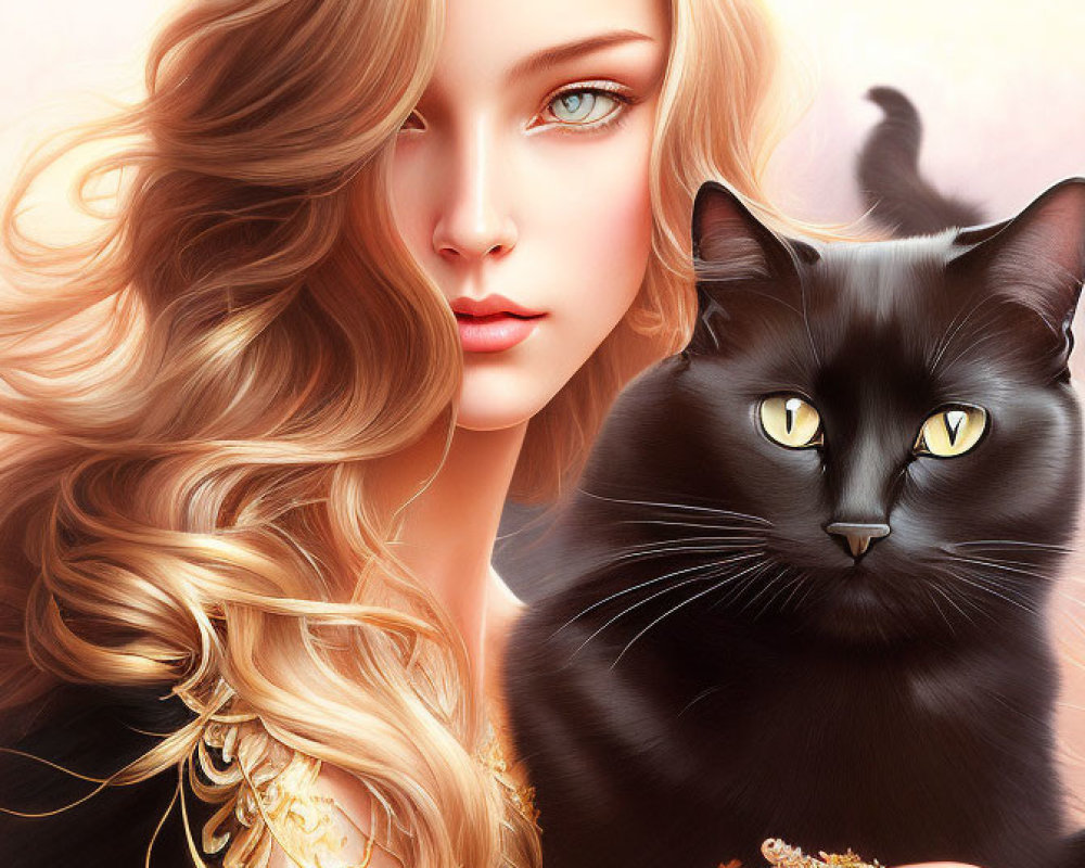 Digital artwork: Woman with flowing blonde hair and black cat with yellow eyes.