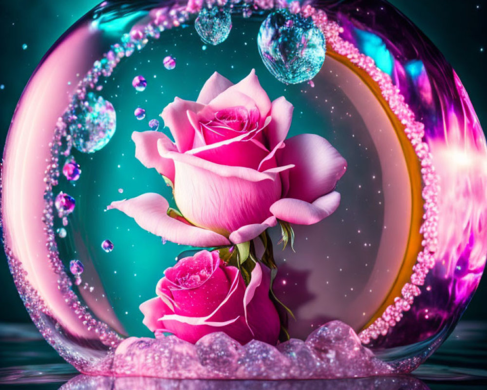 Colorful Pink Rose in Bubble Surrounded by Sparkles on Turquoise Background