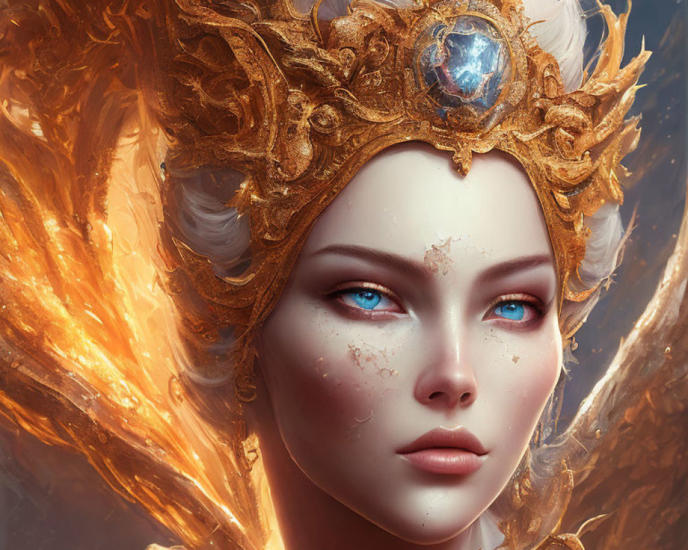 Illustration of woman with ornate gold crown and vibrant blue eyes framed by abstract golden wings or flames