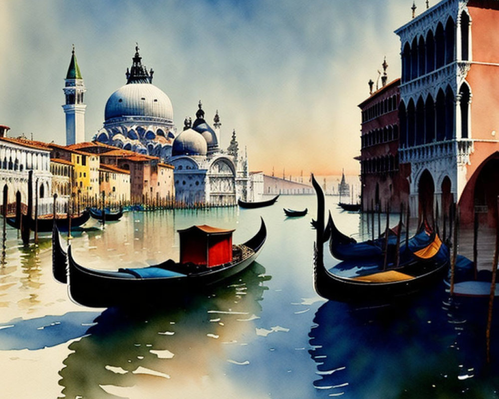 Venice Watercolor Painting: Grand Canal, Gondolas & Historic Buildings