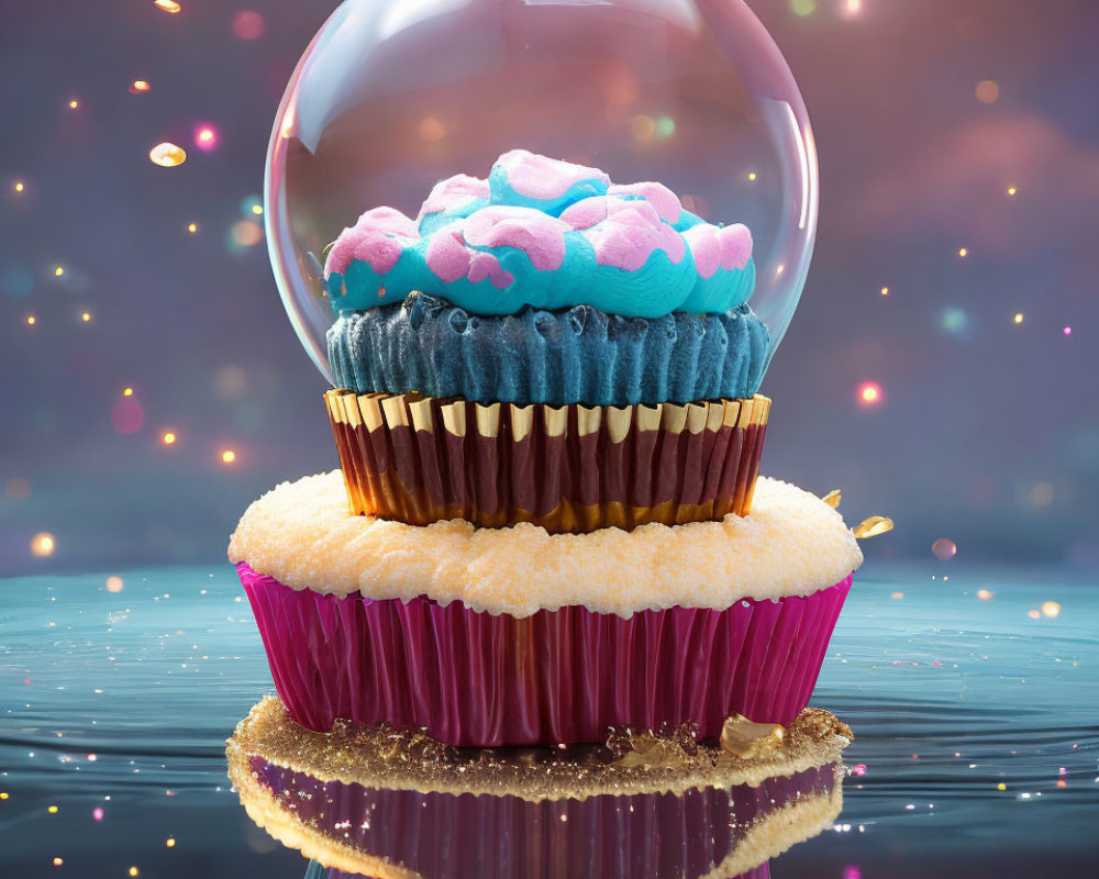 Whimsical cupcake with crystal ball and colorful cupcakes on reflective surface