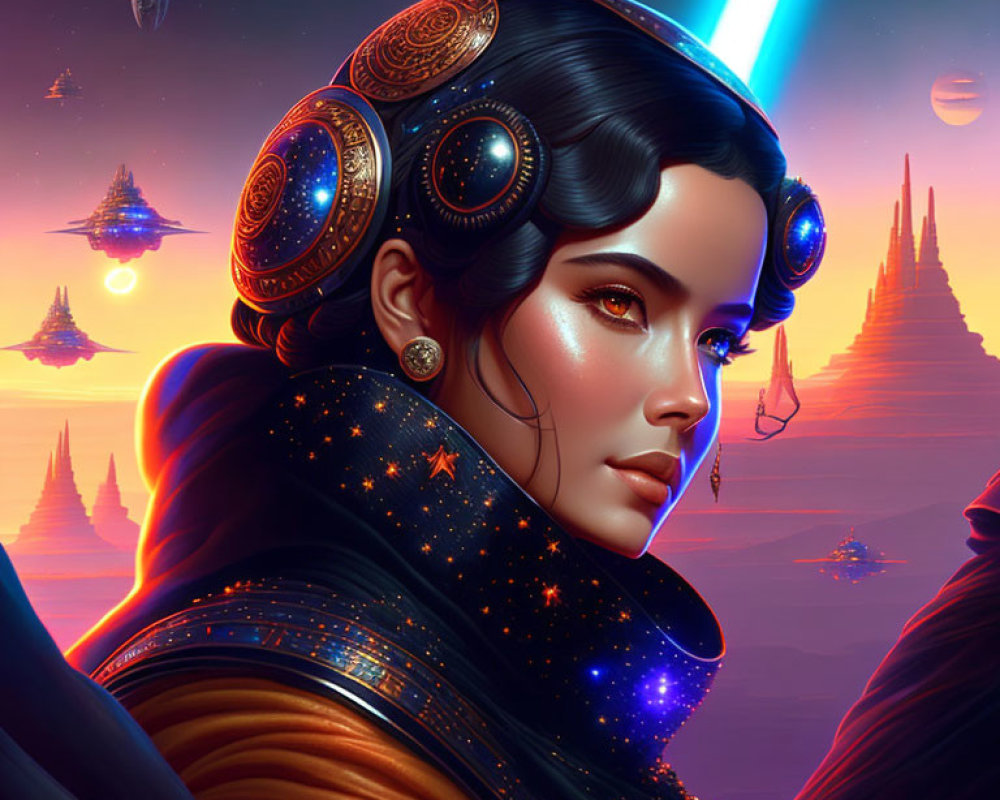 Futuristic sci-fi portrait of a woman in cosmic setting