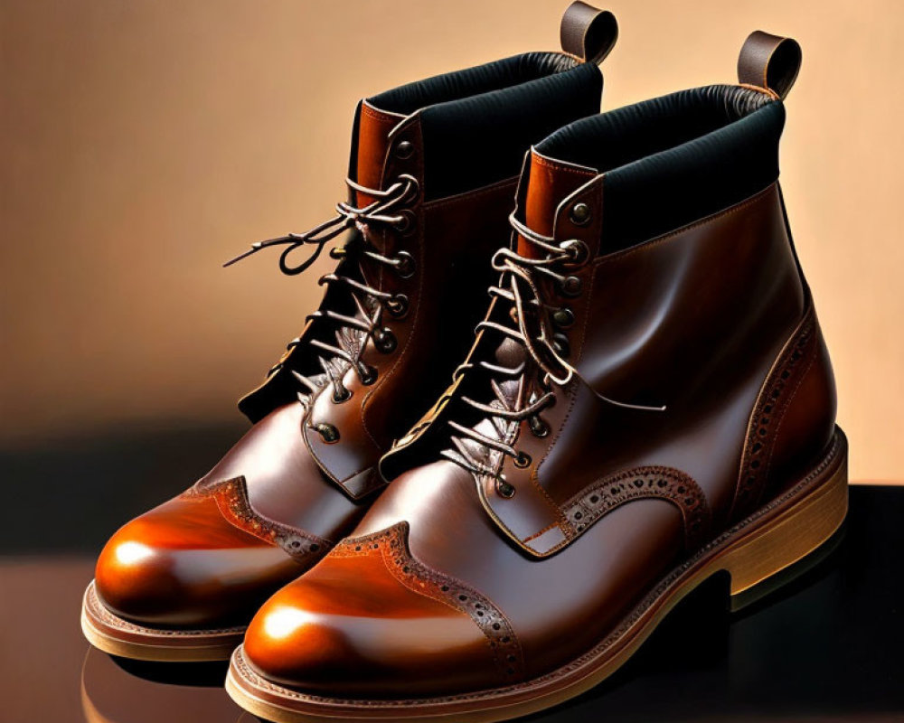 Brown Leather Wingtip Boots on Reflective Surface Against Warm Backdrop