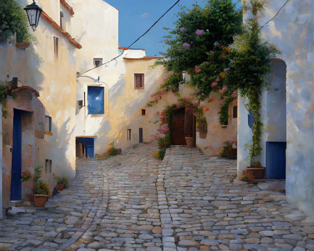 Traditional White Houses on Cobblestone Street Under Blue Sky