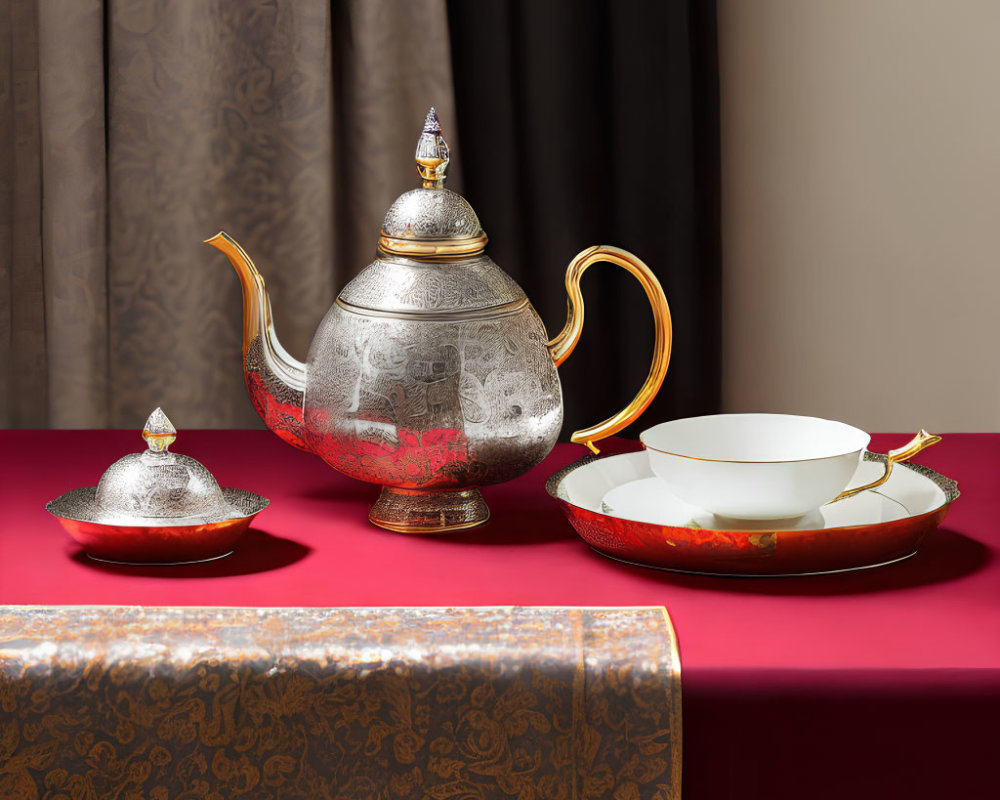 Silver Teapot, Gold-handled Sugar Bowl, White Teacups with Gold Accents on Tray