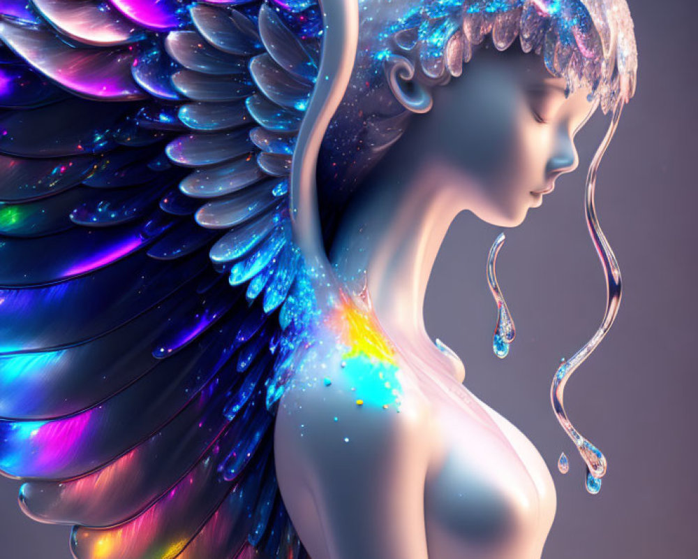 Colorful digital artwork: Person with vibrant angel wings & melting headpiece.