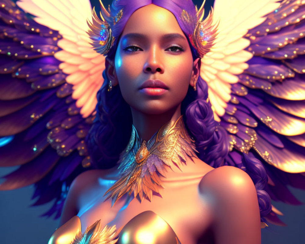 Digital artwork of woman with golden feathered wings and purple headscarf against blue background