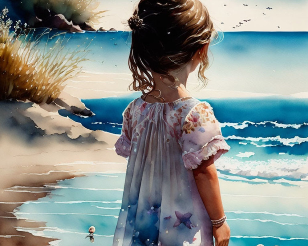 Young girl in floral dress by the sea with seashells on sandy beach