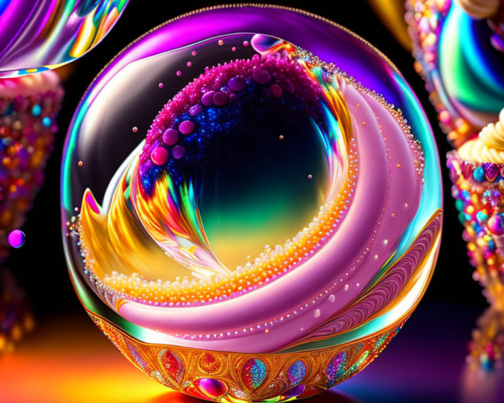 Colorful Swirls Sphere on Reflective Iridescent Surface