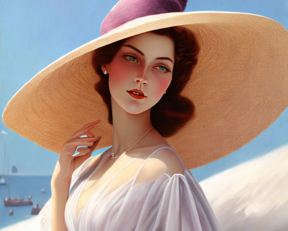 Illustration of elegant woman in wide-brimmed hat and white dress by sea with sailboats