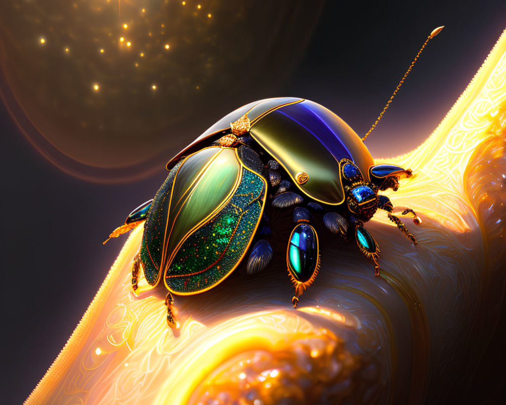 Iridescent scarab beetle with golden embellishments on cosmic backdrop