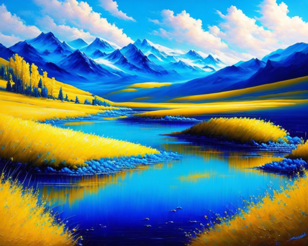 Vivid Blue River in Golden Fields with Blue Flowers