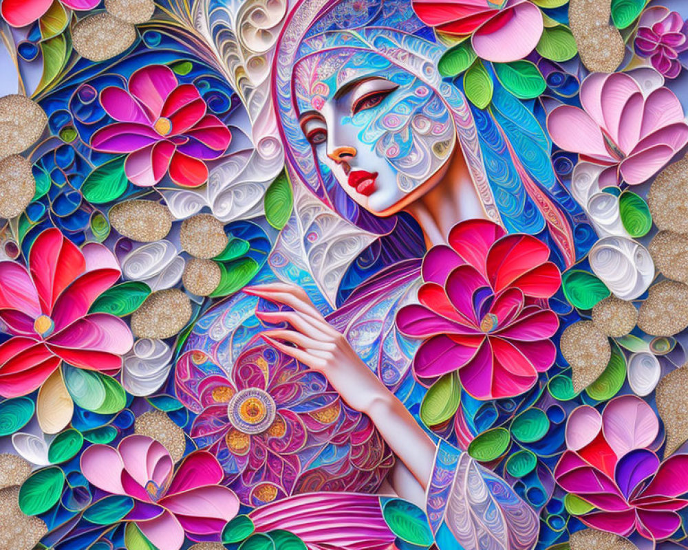 Colorful Digital Artwork Featuring Stylized Woman and Floral Patterns