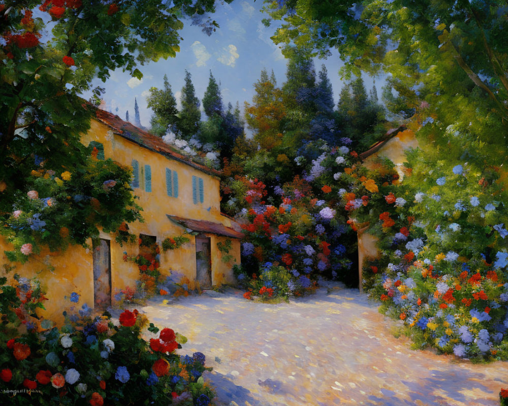 Sunlit Courtyard with Yellow House and Colorful Flowers