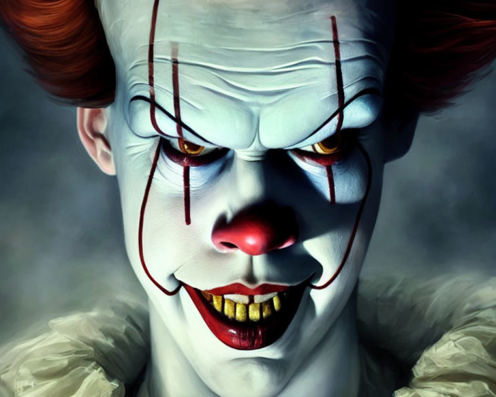 Menacing clown with white face paint and red hair