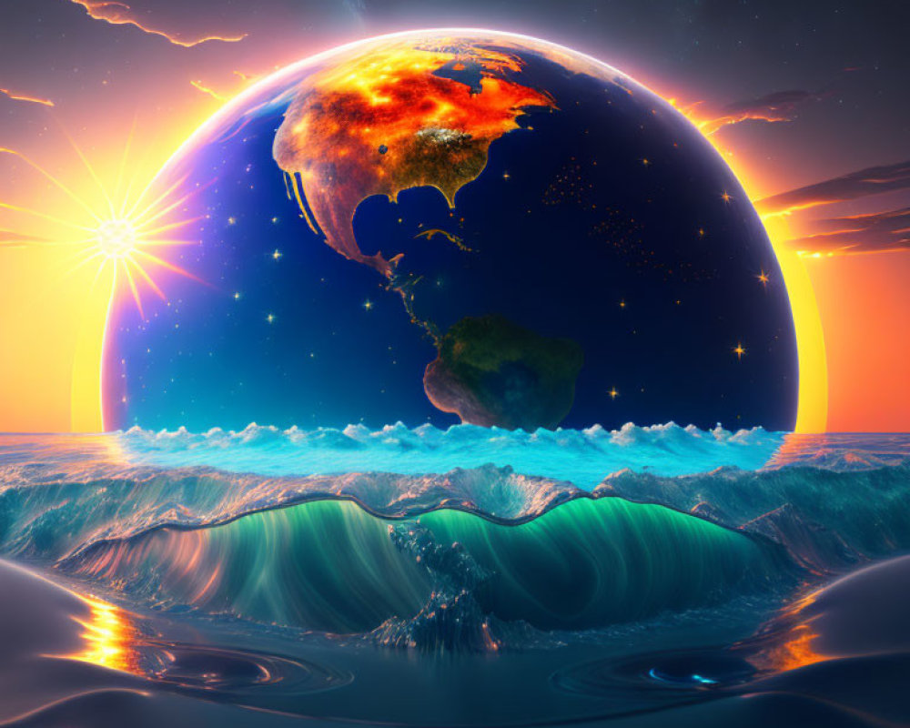 Surreal oversized Earth over ocean waves at twilight