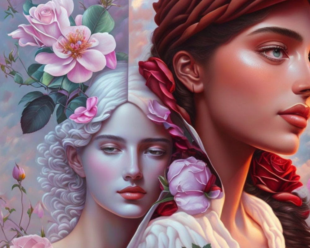 Digital artwork featuring two women's faces with floral hair, blending classical and modern styles