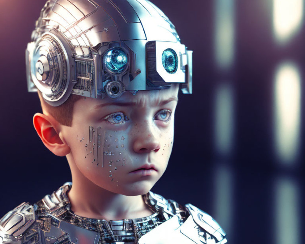 Sad young boy with robotic head and body shedding tears in blurred background