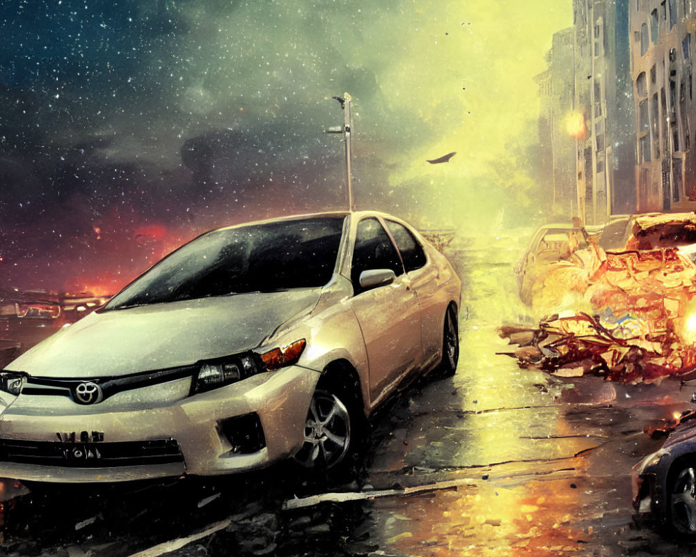 Digital artwork: Silver car on rainy street with wrecked vehicles, somber cityscape, and dusk