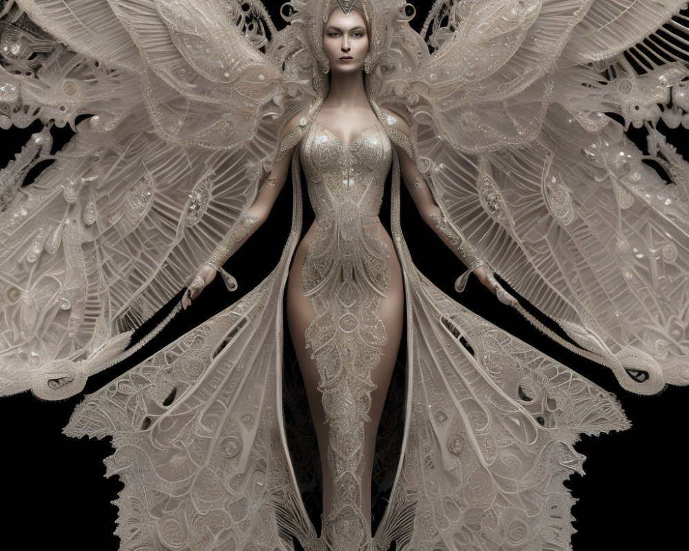 Majestic fantasy figure with lace-like wings and silver gown