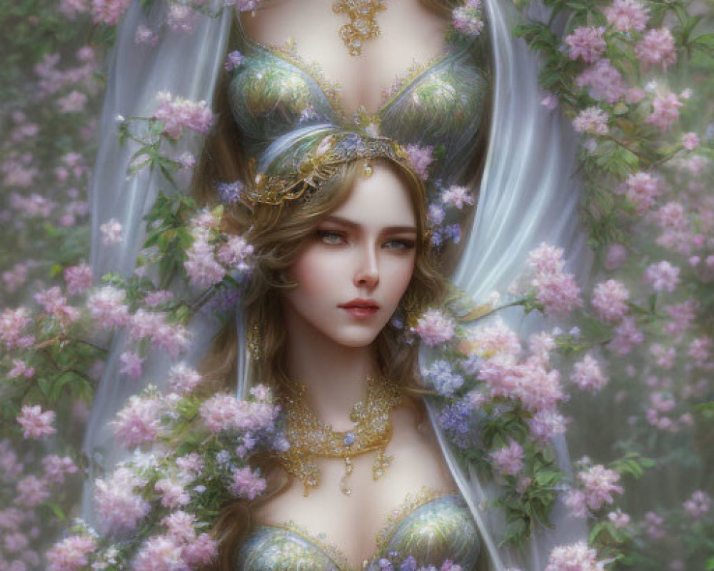 Ethereal artwork featuring two women in ornate gold jewelry and elaborate headdresses in a mystical forest