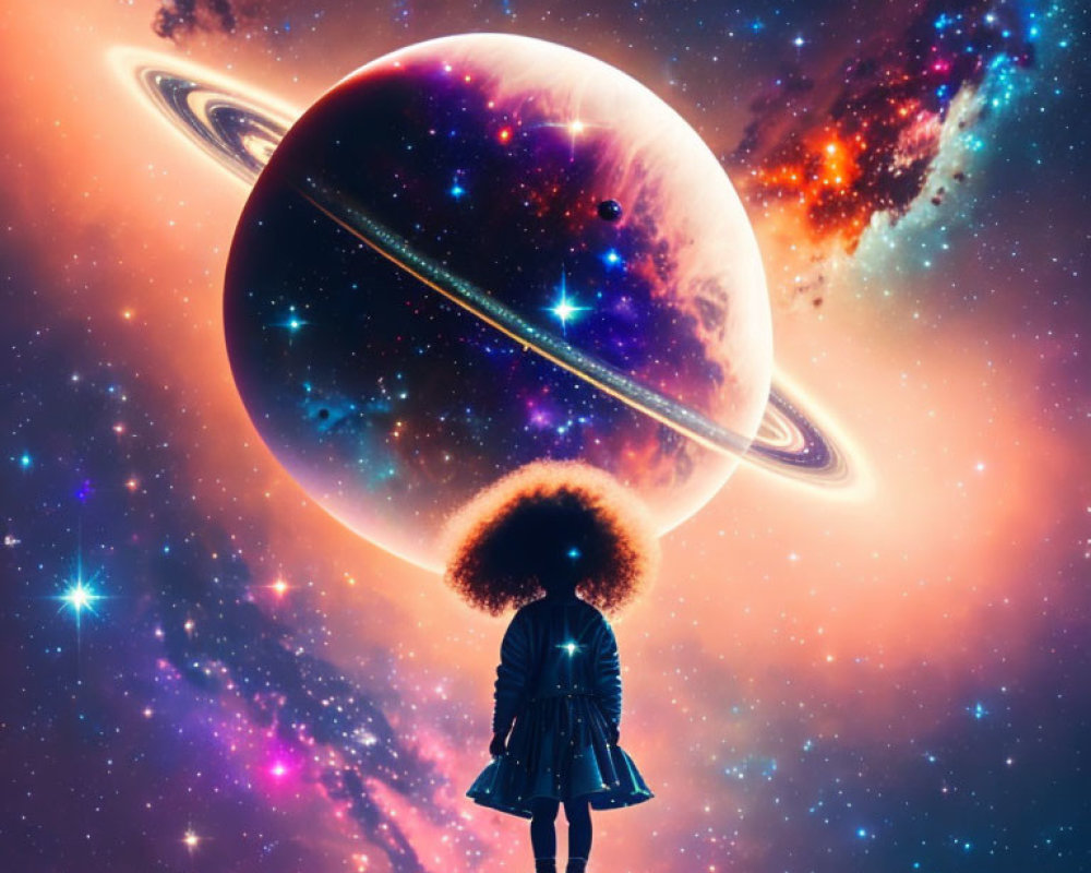 Silhouette of a person with an afro admiring cosmic scene with galaxies and ringed planet