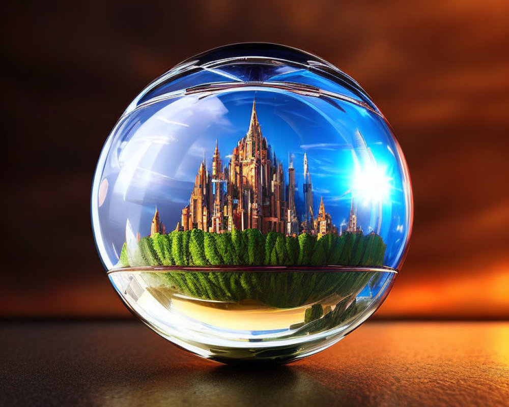 Crystal ball reflecting vibrant cityscape and lush greenery at sunset