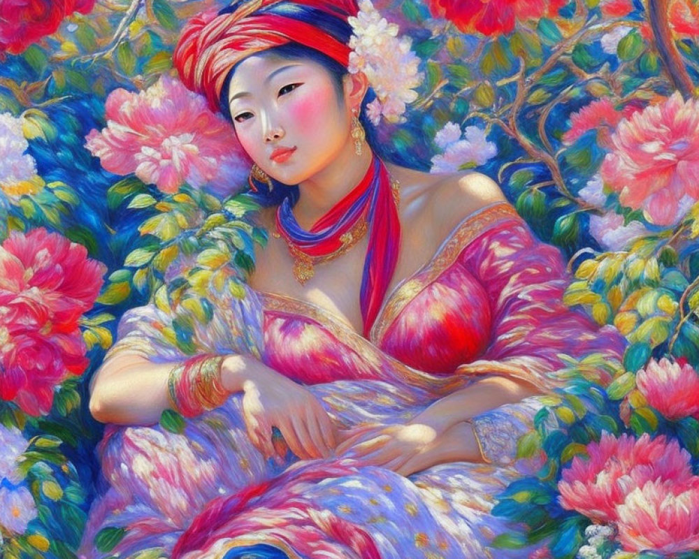 Asian woman in traditional attire with peonies and jewelry