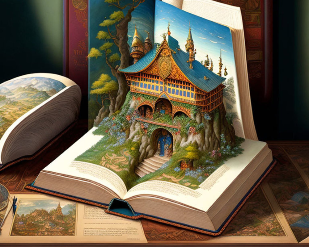 Illustrated 3D pop-up fantasy temple in open book surrounded by nature