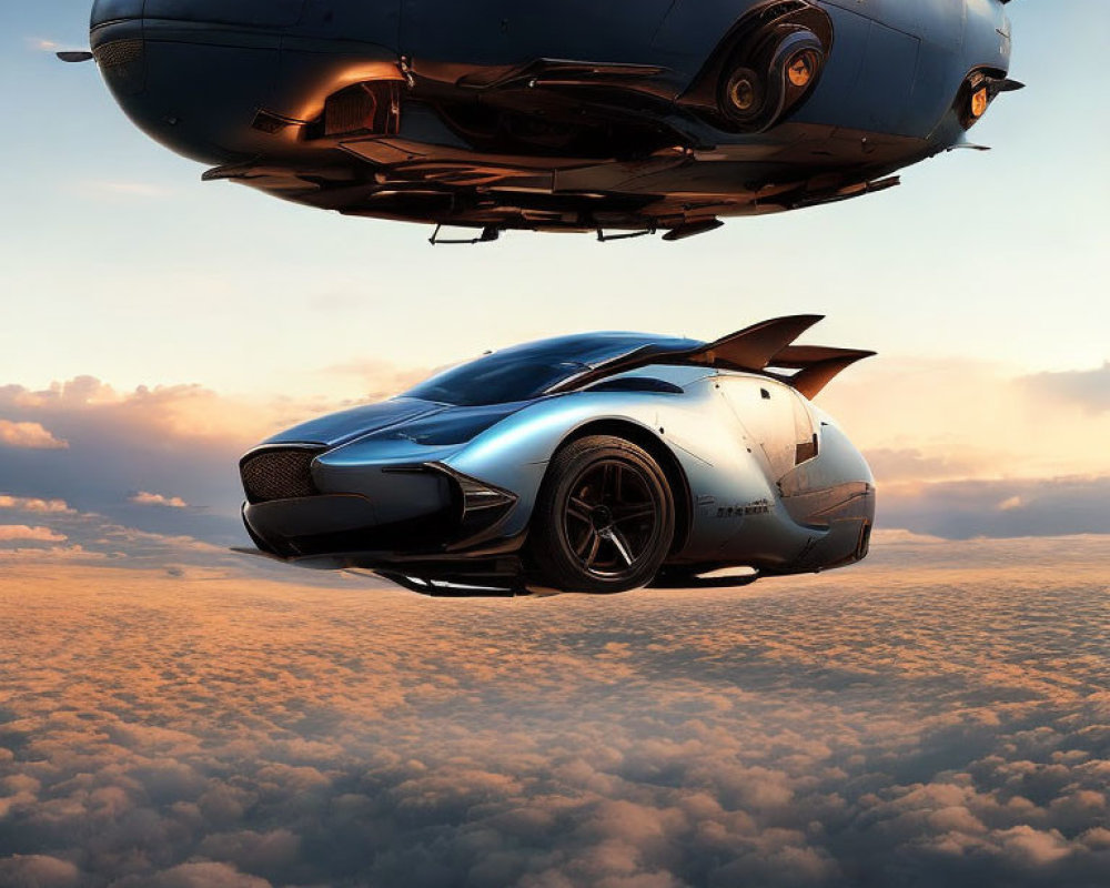 Futuristic flying car and dirigible in sunset sky